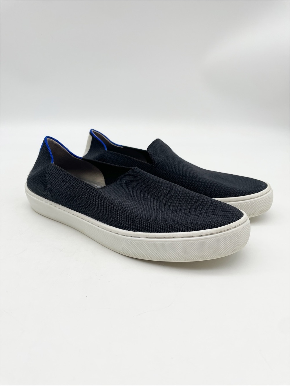 Rothy's Black Slip-On Knit Loafers with Blue Trim